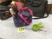 Ladies carry bag with drinking glasses, kitchen