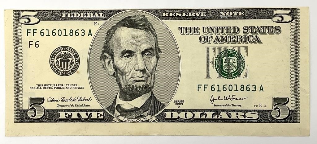 2003-A US $5 ERROR Note - Miscut