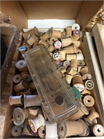 Box lot- Large QTY Wood spools, plastic thread box