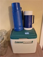 COLEMAN PERSONAL COOLER AND 2 THERMOS'