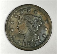 1847 Braided Hair Large Cent Very Fine VF details