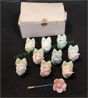 (9) Mini Porcelain Rose Figurine & Rose Pin