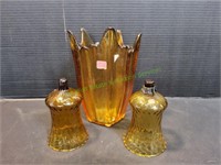 9" Viking Amber Glass Vase w/ (2)Amber Votive