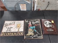 RAIDERS PLAQUE & 2 VINTAGE SIGNS