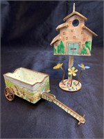 Miniature Enamel Birdhouse & Wagon