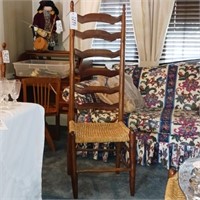 6 ANTIQUE SOLID WOOD LADDER BACK CHAIRS W/ WOVEN