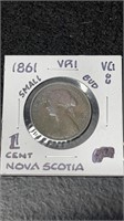 1861 Nova Scotia 1 Cent Coin Small Bud Graded VG-8