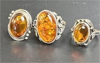 3 VINTAGE STERLING RINGS WITH AMBER STONES
