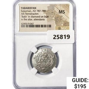 787-789 AD Tabaristan Silver Hemidrachm NGC MS