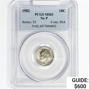 1982 Roosevelt Dime PCGS MS65 No P