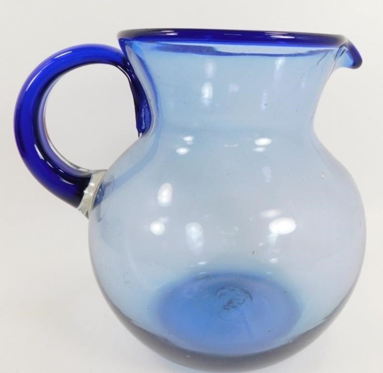 * Hand Blown Pitcher with Cobalt Blue Trim