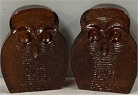 2 Dark Amber Art Glass Owls