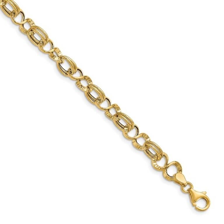 14K- Polished Textured Fancy Link Bracelet