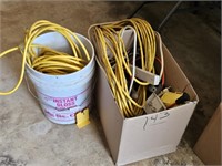 BOX OF SEVERAL EXT. CORDS  & BUCKET