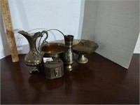 Group of 5 brass decor items. Etched vase with