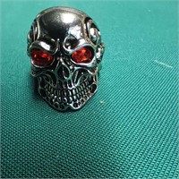 Red Jeweled Eyed Skeleton Ring in silver tone