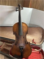 ANTIQUE INLAID VIOLIN WITH HORSEHAIR BOW AND CASE