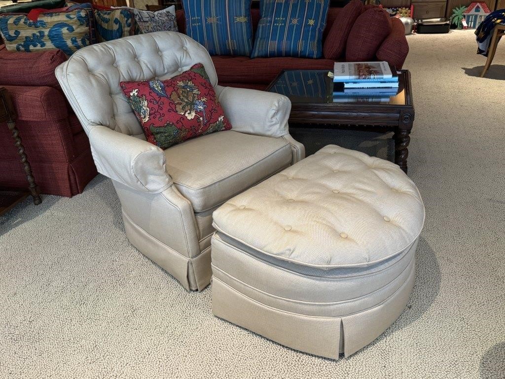 Neutral Upholstered Chair & Ottoman