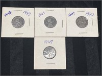 THREE 1943 & ONE 1947 Steel Penny 1 cent Coin