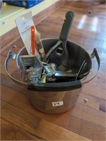 Stainless pot w various kitchen utensils