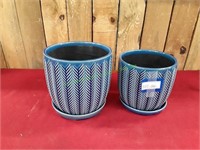 (2) Blue Ceramic Planters w/ Ceramic Trays