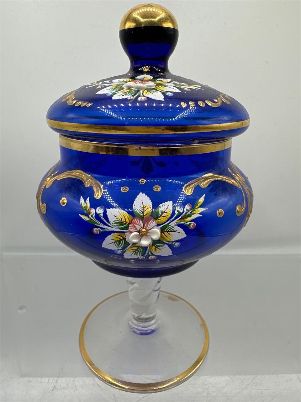 Cobalt blue Bohemian glass enameled candy dish