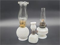 (3) Small Milk Glass Hurricane Oil Lamps