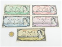 5 billets: 1$/2$/5$/10$/20$ du Canada, 1954