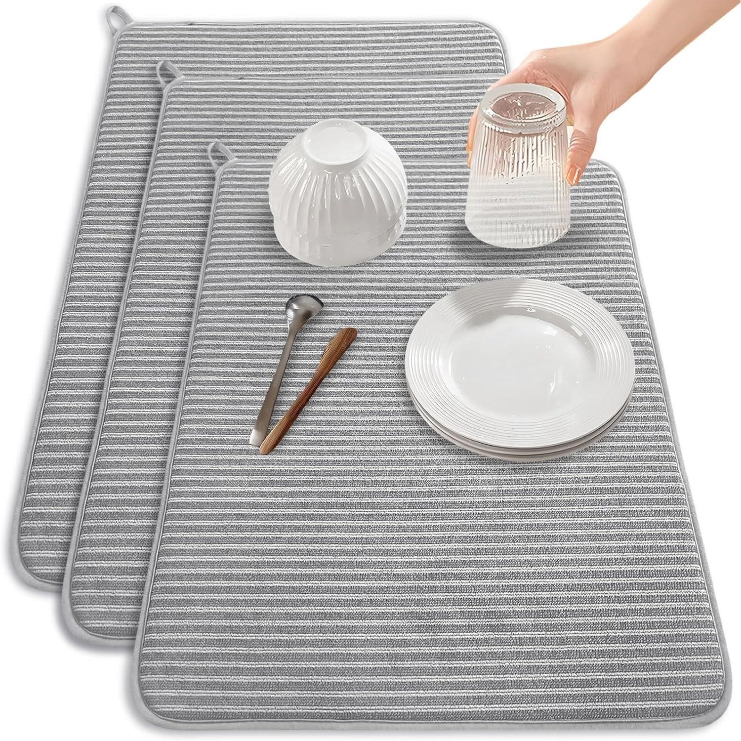 3 Pcs XXL Dish Drying Mat, 24x17, Grey