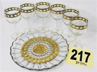 Gold Overlay Glass Plate w/ 6 Glasses