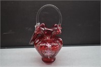 Fenton Cranberry Hand Painted Glass Basket