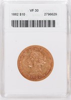 Coin 1882 U.S. $10 Gold Coin ANACS VF30