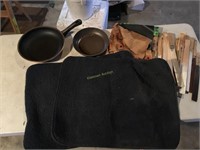2 Small Rugs, Pans, Sandpaper, and Stir Sticks