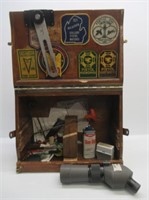 Vintage wood range box with contents including