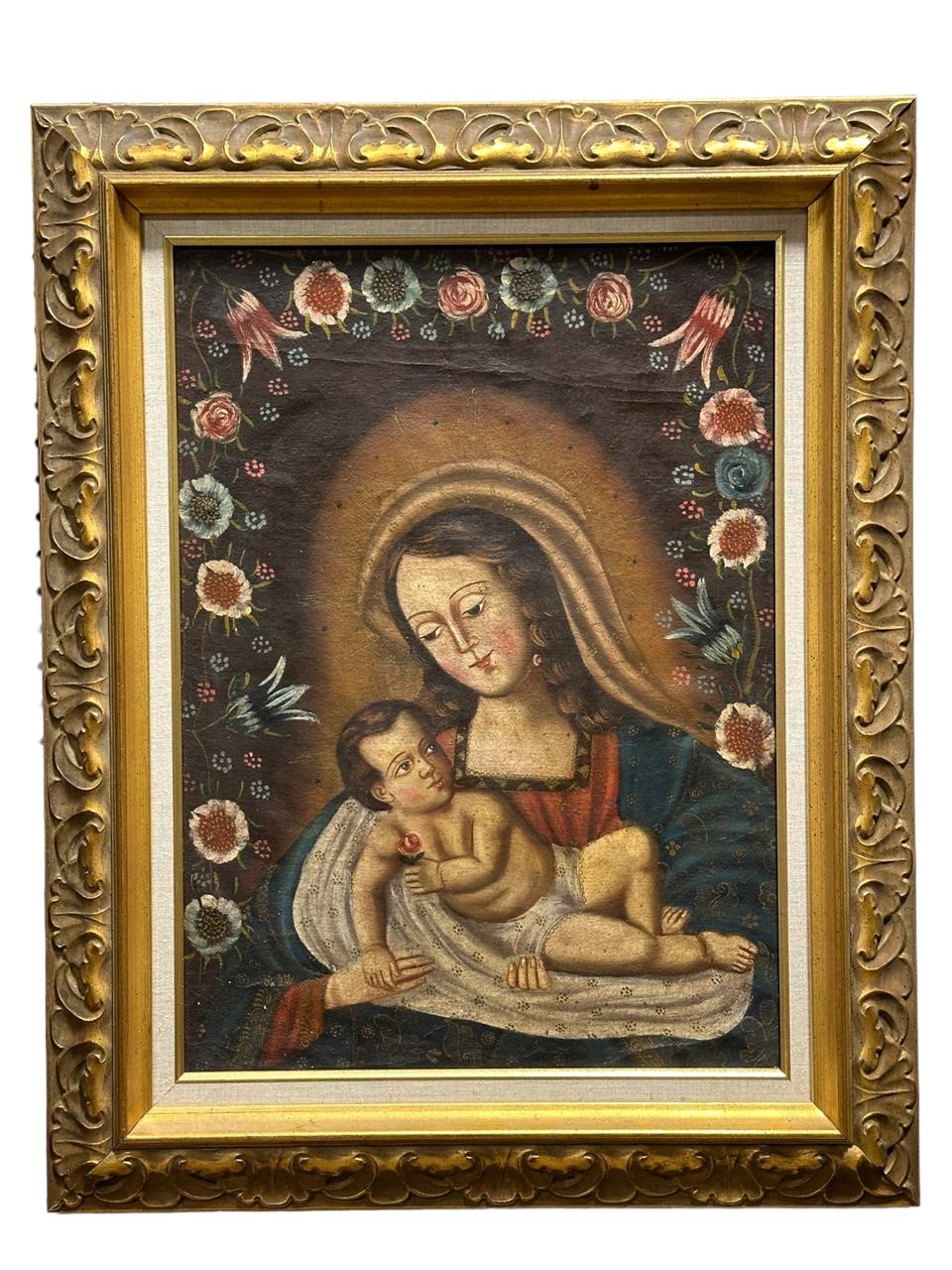 Early Oil on Canvas of Madonna & Child