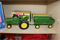 JOHN DEERE METAL TRACTOR AND TRAILER W/ BOXES