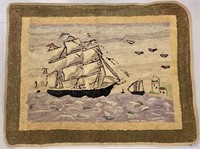 Sailing ship hooked rug, 40" x 31"