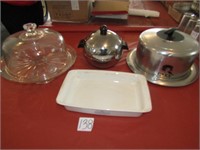 CORNING WARE CASSEROLE DISH, 2 CAKE STANDS,