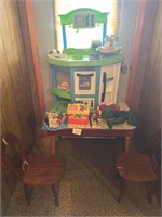 Kid's wooden table and chairs, toys, etc