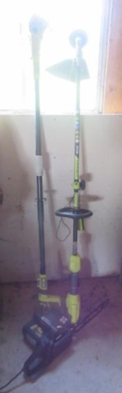 16" McCulloch chainsaw and (2) Ryobi battery weed