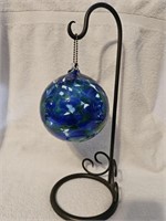 BLUE & GREEN GLASS WITCHING BALL W/IRON STAND