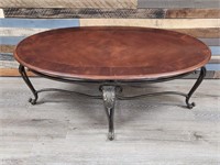 OVAL WOOD TOP WROUGHT IRON END TABLE