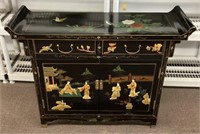 Black lacquer Asian cabinet with hardstone inlay