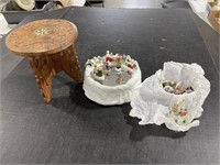 Carved stool & ice skating rink w/figurines
