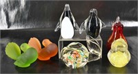 Seven Art Glass Animal And Fruit Paperweights