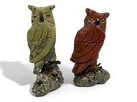 2 Brazilian Hand Carved Stone Owls On Pyrite Base