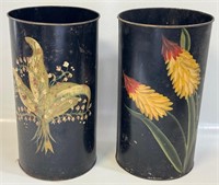 TWO NICE ANTIQUE TOLE PAINTED TIN WASTE BASKETS