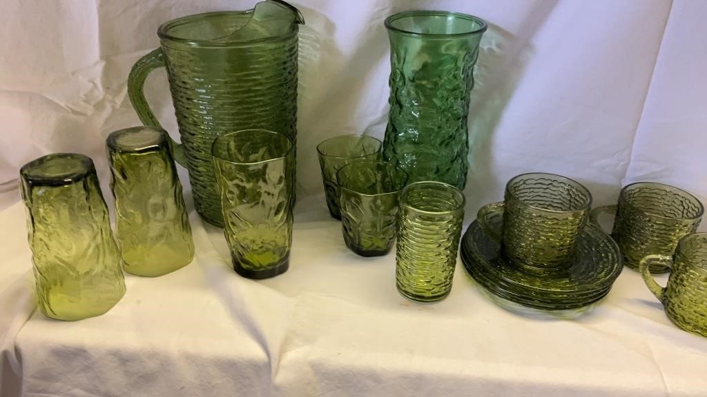 Avocado Green Pitcher, 16 Assorted Glasses, Vase