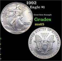 1992 Silver Eagle Dollar $1 Grades GEM Unc