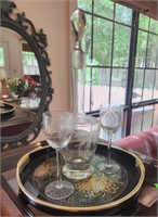 Large tray with glass decanter and 2 wine glasses
